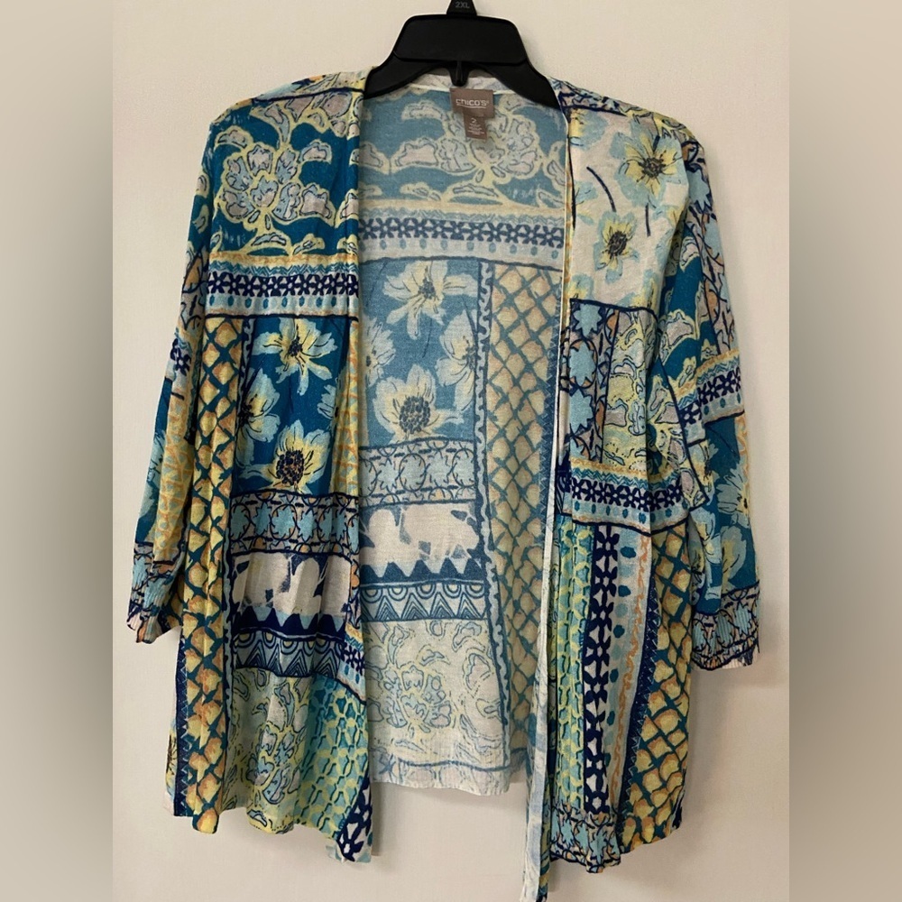 Chico's multi-print patchwork kimono-style Cardigan Sz 2 Large 12/14
